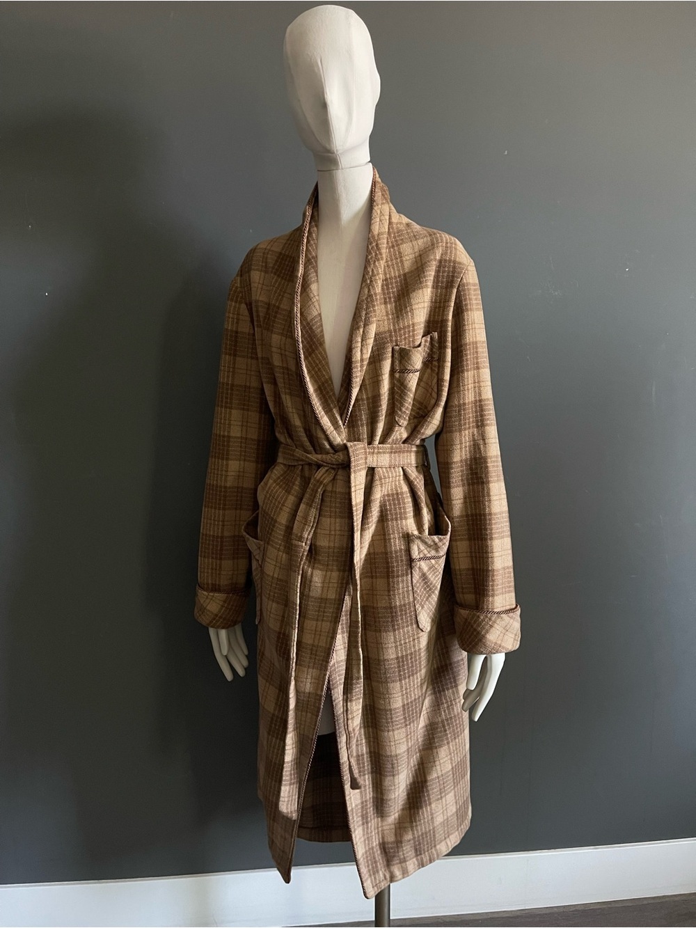 Vintage Wool Plaid Belted Robe Coat Camel Brown Quiet Luxury Cottagecore L 50